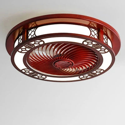 Traditional Chinese Round Wealth Pattern Wood Acrylic Copper ABS LED Flush Mount Ceiling Fan Light For Bedroom