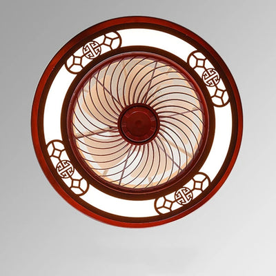 Traditional Chinese Round Wealth Pattern Wood Acrylic Copper ABS LED Flush Mount Ceiling Fan Light For Bedroom