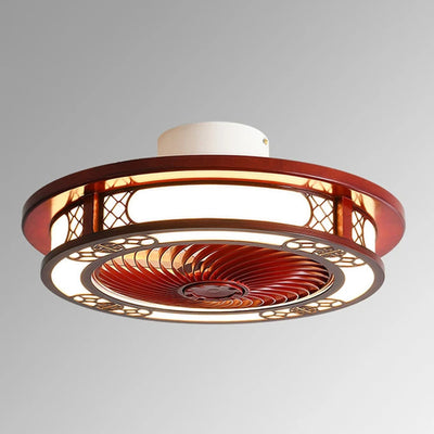 Traditional Chinese Round Wealth Pattern Wood Acrylic Copper ABS LED Flush Mount Ceiling Fan Light For Bedroom