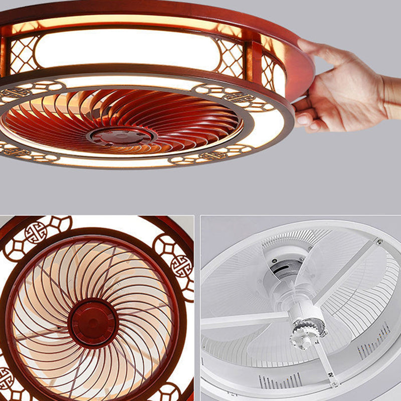 Traditional Chinese Round Wealth Pattern Wood Acrylic Copper ABS LED Flush Mount Ceiling Fan Light For Bedroom