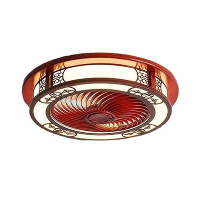 Traditional Chinese Round Wealth Pattern Wood Acrylic Copper ABS LED Flush Mount Ceiling Fan Light For Bedroom