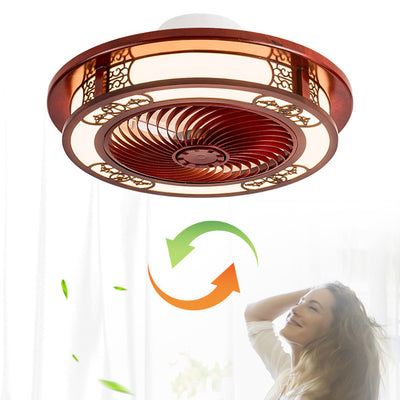 Traditional Chinese Round Wealth Pattern Wood Acrylic Copper ABS LED Flush Mount Ceiling Fan Light For Bedroom