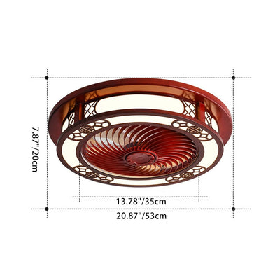 Traditional Chinese Round Wealth Pattern Wood Acrylic Copper ABS LED Flush Mount Ceiling Fan Light For Bedroom