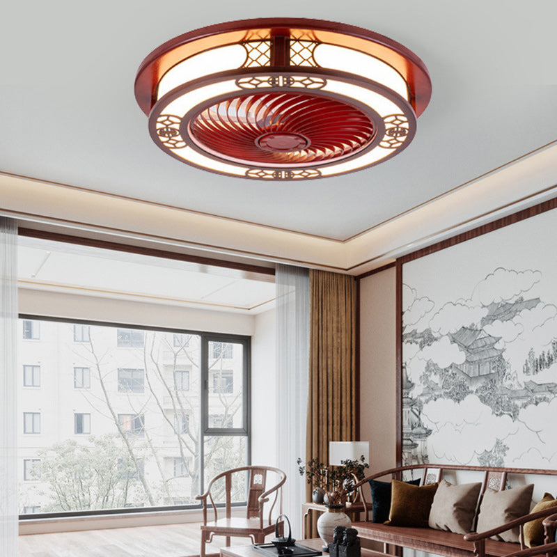 Traditional Chinese Round Wealth Pattern Wood Acrylic Copper ABS LED Flush Mount Ceiling Fan Light For Bedroom