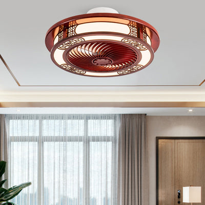 Traditional Chinese Round Wealth Pattern Wood Acrylic Copper ABS LED Flush Mount Ceiling Fan Light For Bedroom