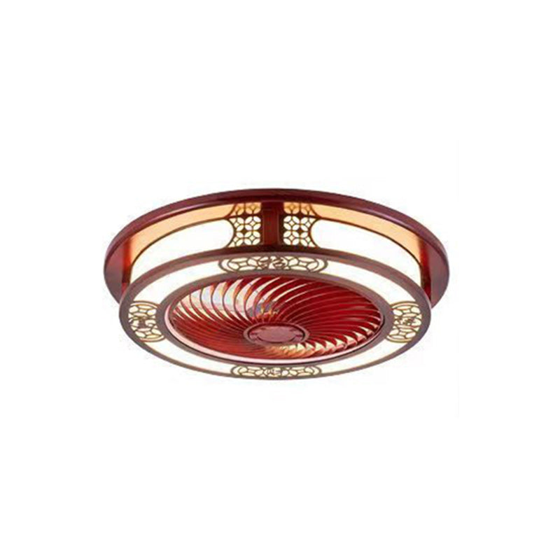 Traditional Chinese Round Wealth Pattern Wood Acrylic Copper ABS LED Flush Mount Ceiling Fan Light For Bedroom