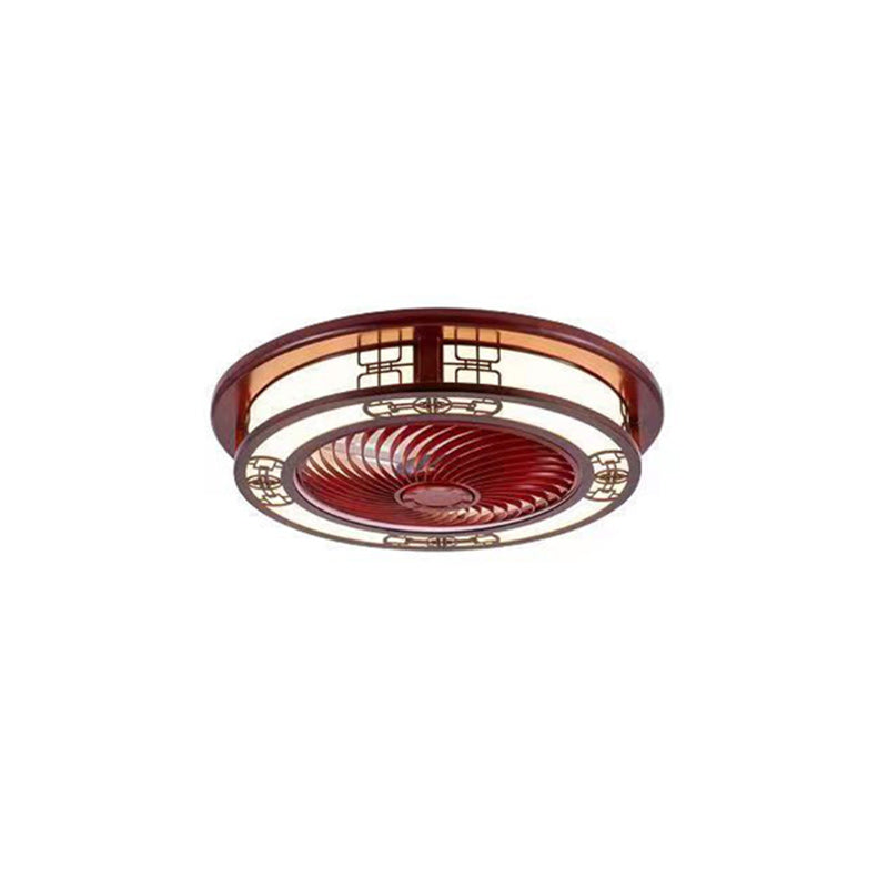 Traditional Chinese Round Wealth Pattern Wood Acrylic Copper ABS LED Flush Mount Ceiling Fan Light For Bedroom