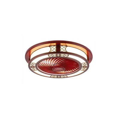 Traditional Chinese Round Wealth Pattern Wood Acrylic Copper ABS LED Flush Mount Ceiling Fan Light For Bedroom