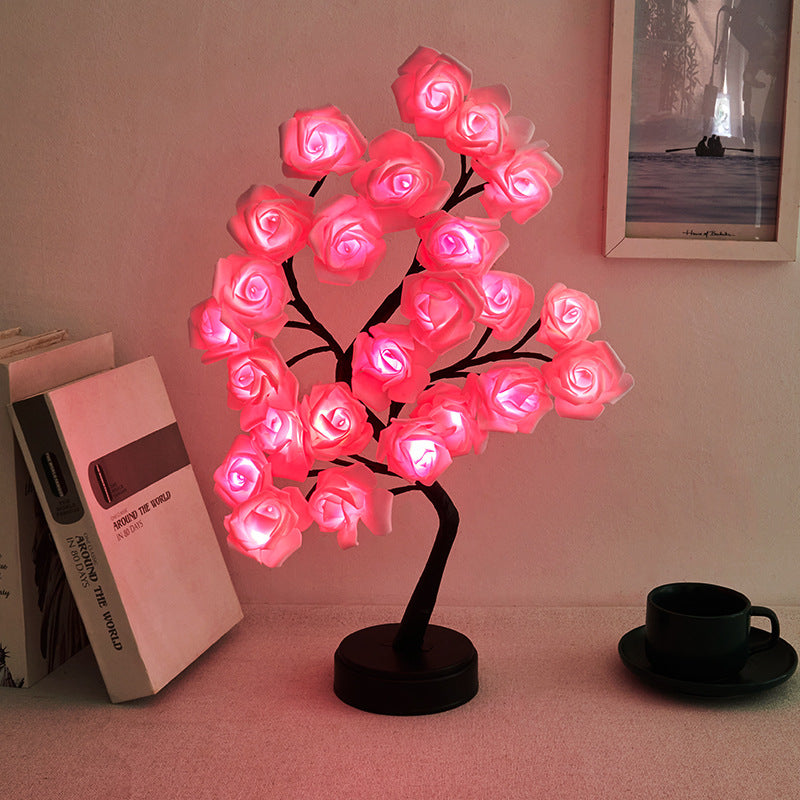 Modern Art Deco Rose Tree Branch Maple Leaf Plastic USB LED Table Lamp Night Light For Bedroom