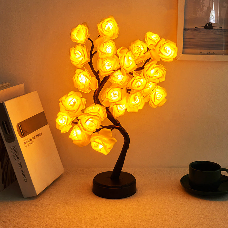 Modern Art Deco Rose Tree Branch Maple Leaf Plastic USB LED Table Lamp Night Light For Bedroom