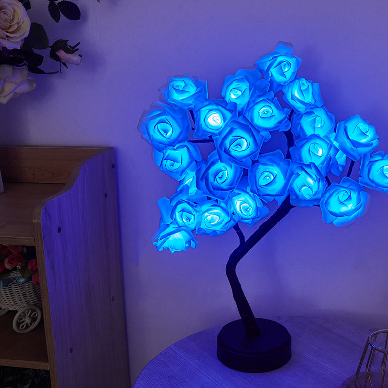 Modern Art Deco Rose Tree Branch Maple Leaf Plastic USB LED Table Lamp Night Light For Bedroom