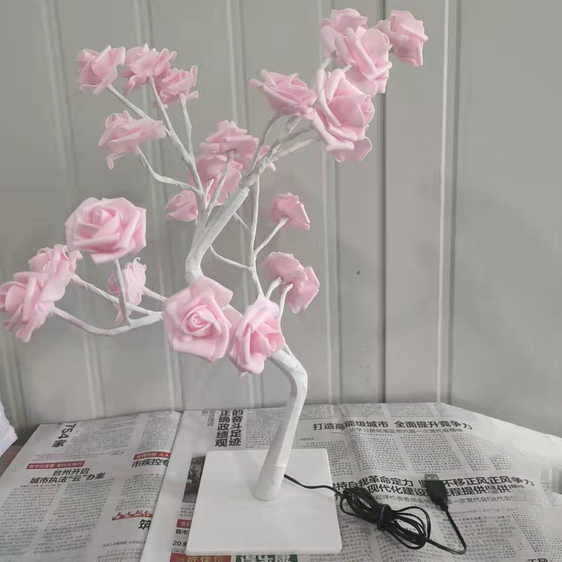 Modern Art Deco Rose Tree Branch Maple Leaf Plastic USB LED Table Lamp Night Light For Bedroom