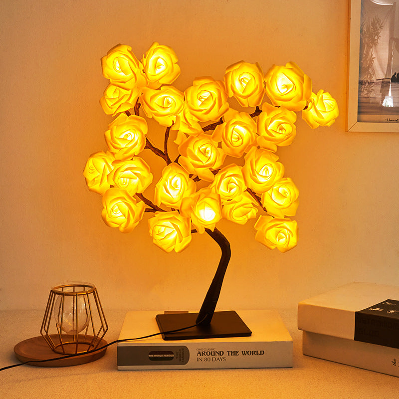 Modern Art Deco Rose Tree Branch Maple Leaf Plastic USB LED Table Lamp Night Light For Bedroom