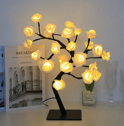 Modern Art Deco Rose Tree Branch Maple Leaf Plastic USB LED Table Lamp Night Light For Bedroom