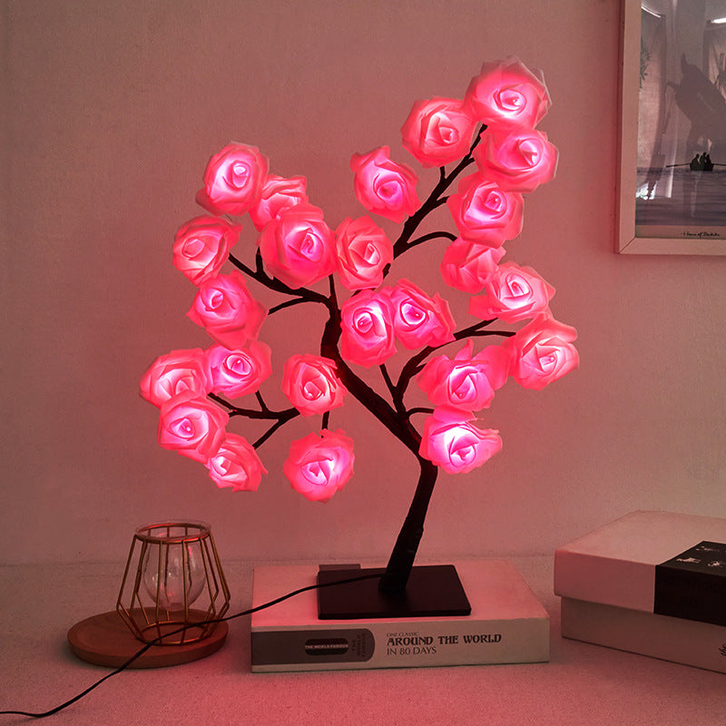 Modern Art Deco Rose Tree Branch Maple Leaf Plastic USB LED Table Lamp Night Light For Bedroom