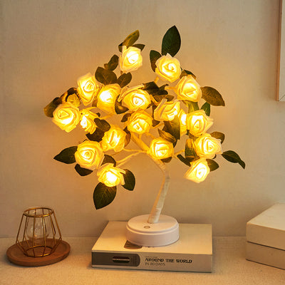 Modern Art Deco USB Battery Rose Tree Branch Plastic LED Table Lamp Night Light For Bedroom