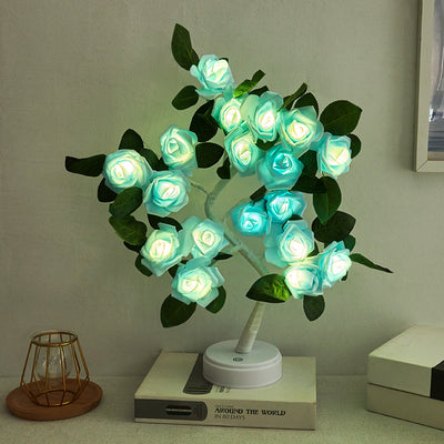 Modern Art Deco USB Battery Rose Tree Branch Plastic LED Table Lamp Night Light For Bedroom