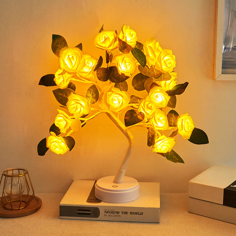 Modern Art Deco USB Battery Rose Tree Branch Plastic LED Table Lamp Night Light For Bedroom