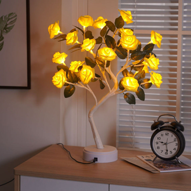 Modern Art Deco USB Battery Rose Tree Branch Plastic LED Table Lamp Night Light For Bedroom