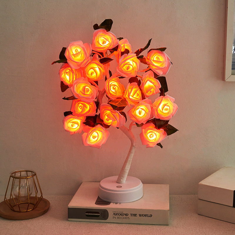 Modern Art Deco USB Battery Rose Tree Branch Plastic LED Table Lamp Night Light For Bedroom