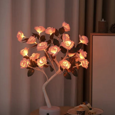 Modern Art Deco USB Battery Rose Tree Branch Plastic LED Table Lamp Night Light For Bedroom