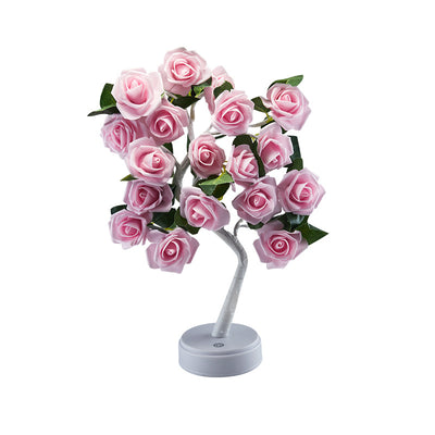 Modern Art Deco USB Battery Rose Tree Branch Plastic LED Table Lamp Night Light For Bedroom