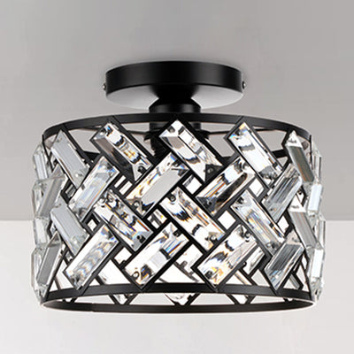 Contemporary Scandinavian Round Crystal Aluminum 1-Light Semi-Flush Mount Ceiling Light For Hallway