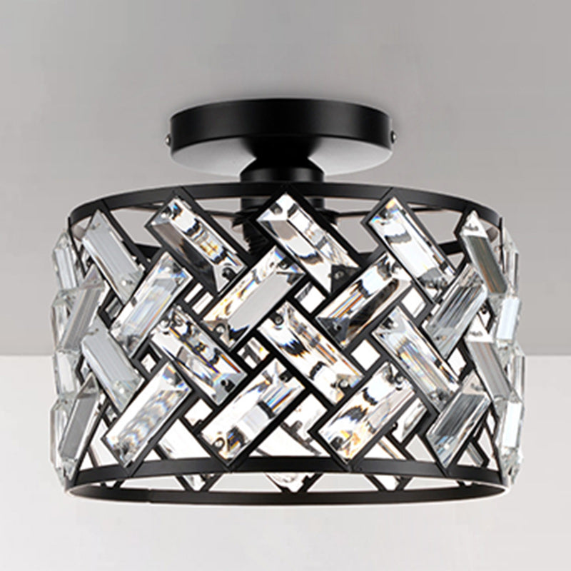 Contemporary Scandinavian Round Crystal Aluminum 1-Light Semi-Flush Mount Ceiling Light For Hallway