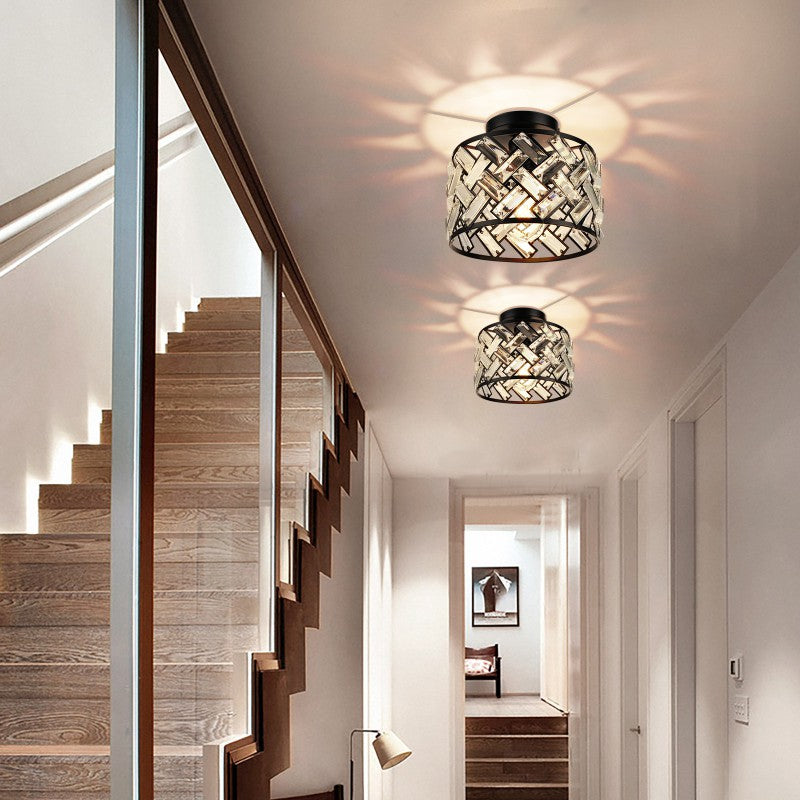 Contemporary Scandinavian Round Crystal Aluminum 1-Light Semi-Flush Mount Ceiling Light For Hallway