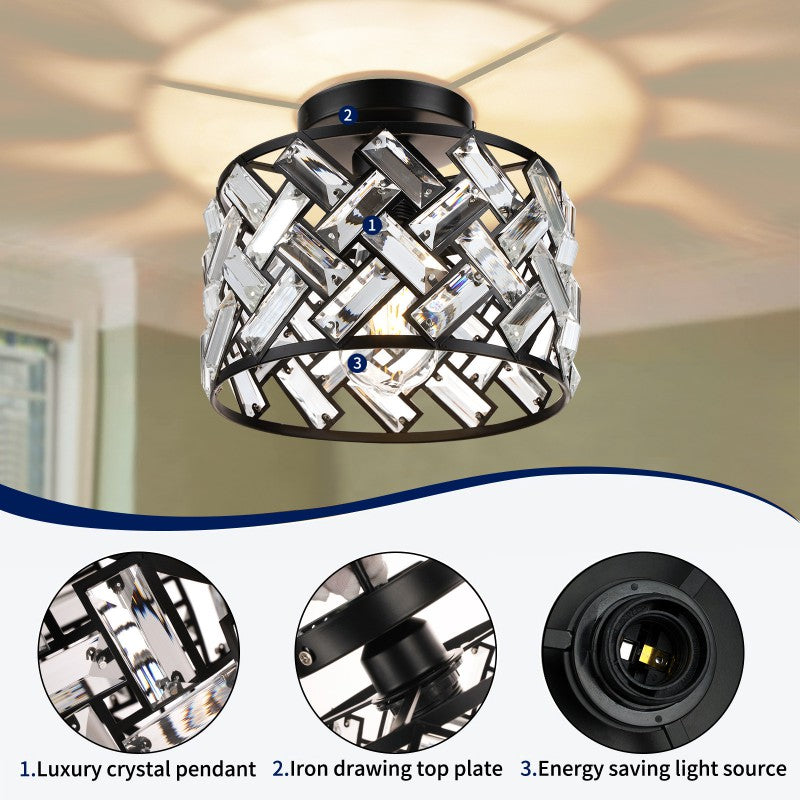 Contemporary Scandinavian Round Crystal Aluminum 1-Light Semi-Flush Mount Ceiling Light For Hallway