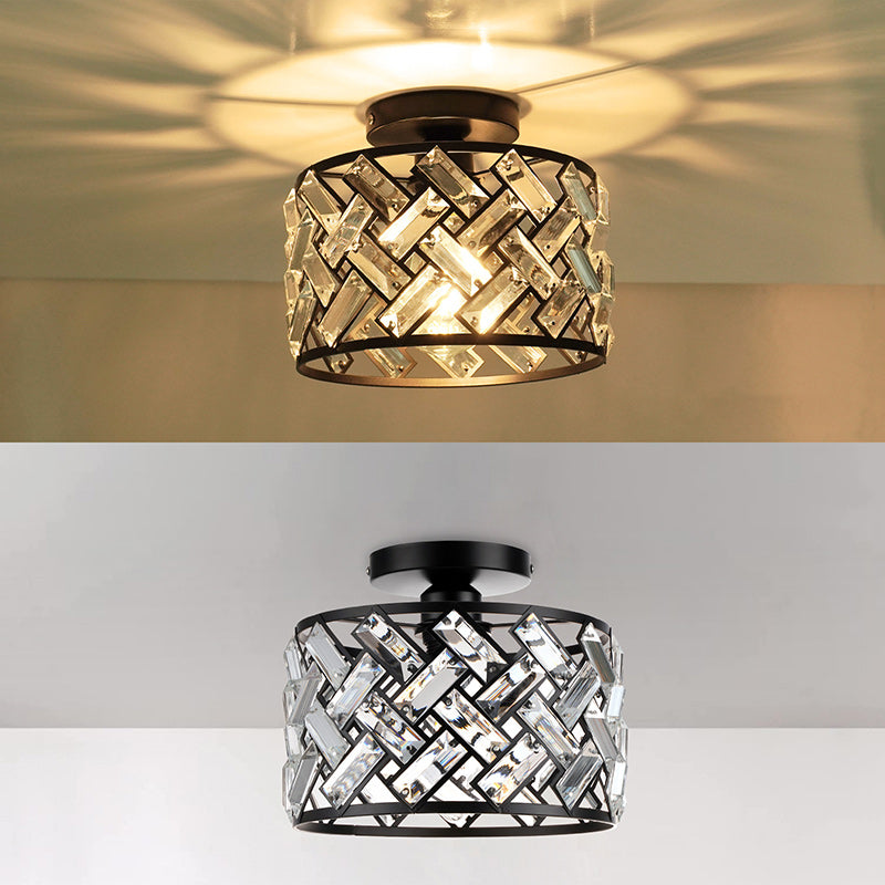 Contemporary Scandinavian Round Crystal Aluminum 1-Light Semi-Flush Mount Ceiling Light For Hallway