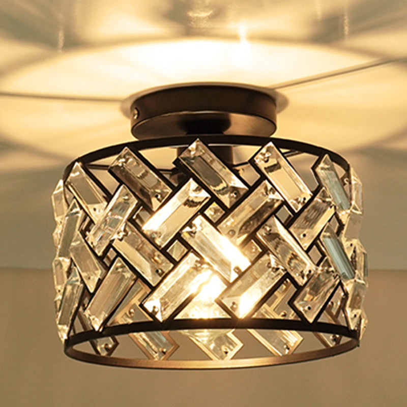 Contemporary Scandinavian Round Crystal Aluminum 1-Light Semi-Flush Mount Ceiling Light For Hallway