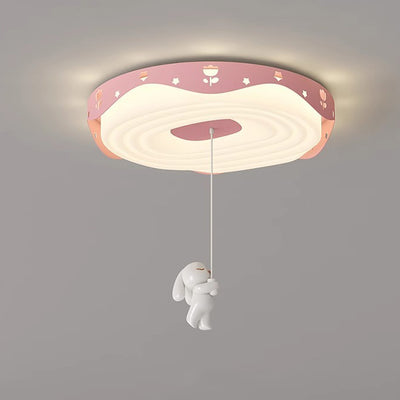 Contemporary Nordic Kids Iron PE Round Doughnut Hanging Animal LED Flush Mount Ceiling Light For Bedroom