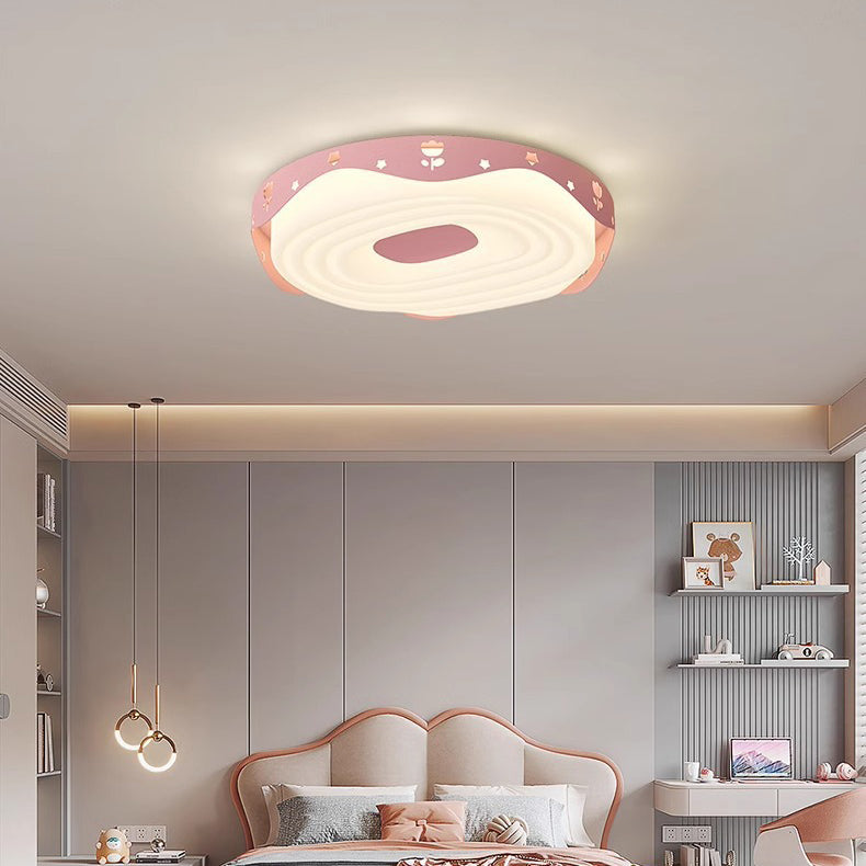 Contemporary Nordic Kids Iron PE Round Doughnut Hanging Animal LED Flush Mount Ceiling Light For Bedroom