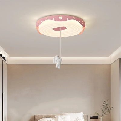 Contemporary Nordic Kids Iron PE Round Doughnut Hanging Animal LED Flush Mount Ceiling Light For Bedroom