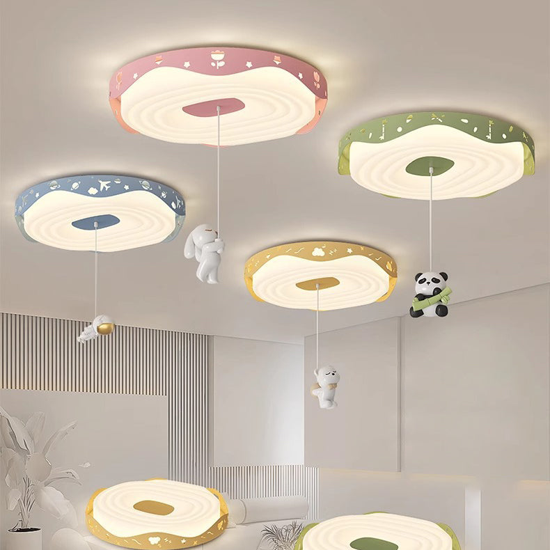 Contemporary Nordic Kids Iron PE Round Doughnut Hanging Animal LED Flush Mount Ceiling Light For Bedroom