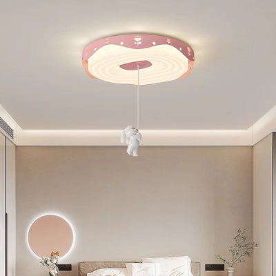 Contemporary Nordic Kids Iron PE Round Doughnut Hanging Animal LED Flush Mount Ceiling Light For Bedroom