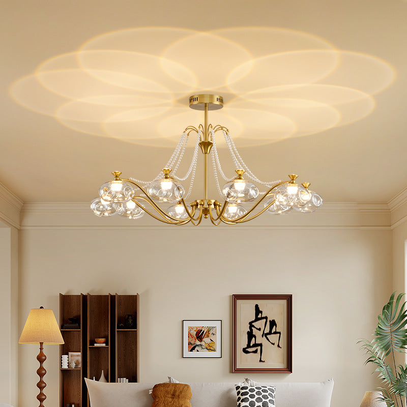 Traditional French Iron Glass Pearl Chain Projection Round LED Chandeliers For Living Room