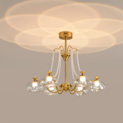 Traditional French Iron Glass Pearl Chain Projection Round LED Chandeliers For Living Room