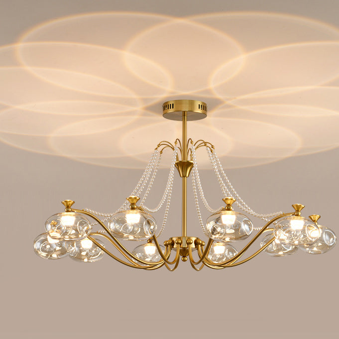 Traditional French Iron Glass Pearl Chain Projection Round LED Chandeliers For Living Room