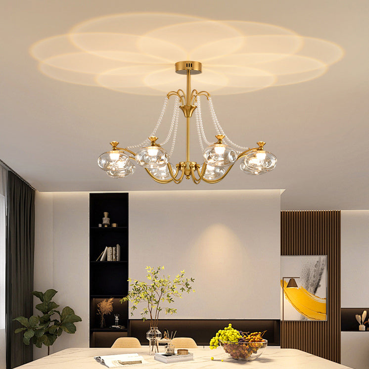 Traditional French Iron Glass Pearl Chain Projection Round LED Chandeliers For Living Room