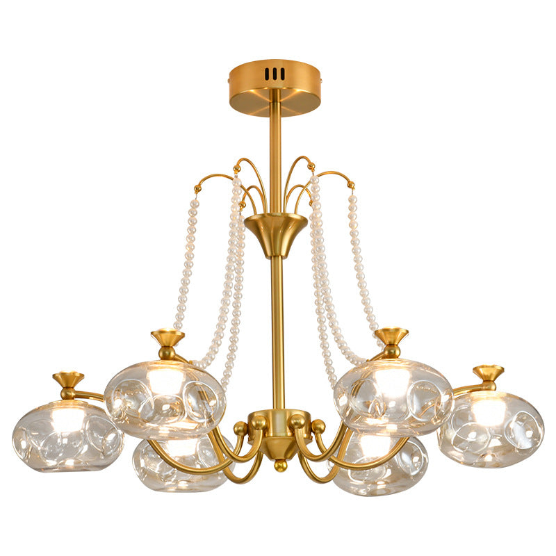 Traditional French Iron Glass Pearl Chain Projection Round LED Chandeliers For Living Room