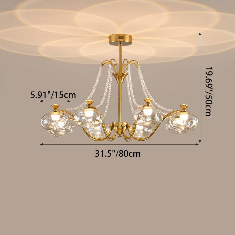 Traditional French Iron Glass Pearl Chain Projection Round LED Chandeliers For Living Room