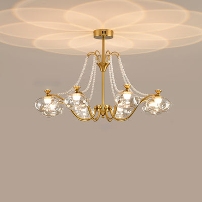 Traditional French Iron Glass Pearl Chain Projection Round LED Chandeliers For Living Room