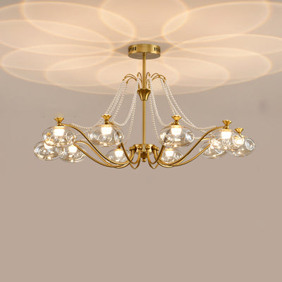 Traditional French Iron Glass Pearl Chain Projection Round LED Chandeliers For Living Room