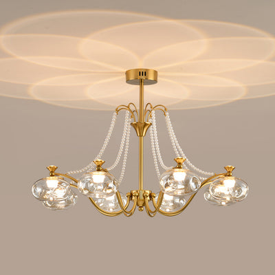 Traditional French Iron Glass Pearl Chain Projection Round LED Chandeliers For Living Room