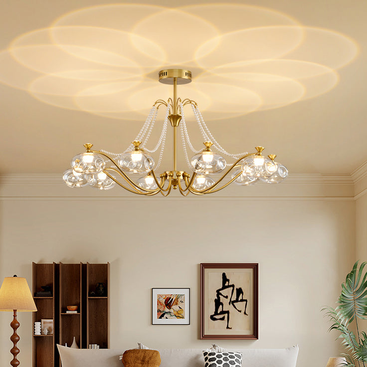 Traditional French Iron Glass Pearl Chain Projection Round LED Chandeliers For Living Room