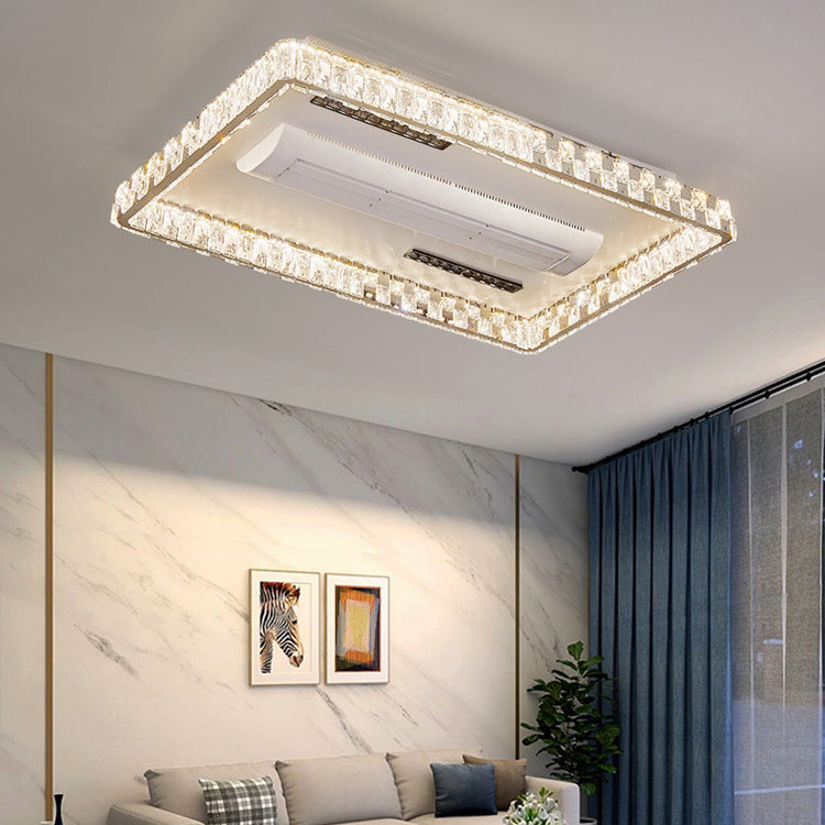 Modern Luxury Stainless Steel Acrylic Crystal Round Square Rectangular LED Flush Mount Ceiling Bladeless Fan Light For Bedroom