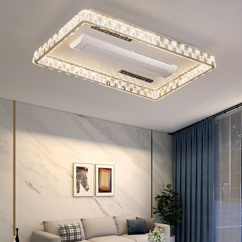 Modern Luxury Stainless Steel Acrylic Crystal Round Square Rectangular LED Flush Mount Ceiling Bladeless Fan Light For Bedroom