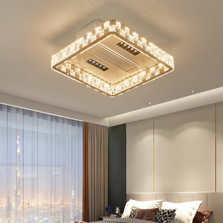 Modern Luxury Stainless Steel Acrylic Crystal Round Square Rectangular LED Flush Mount Ceiling Bladeless Fan Light For Bedroom